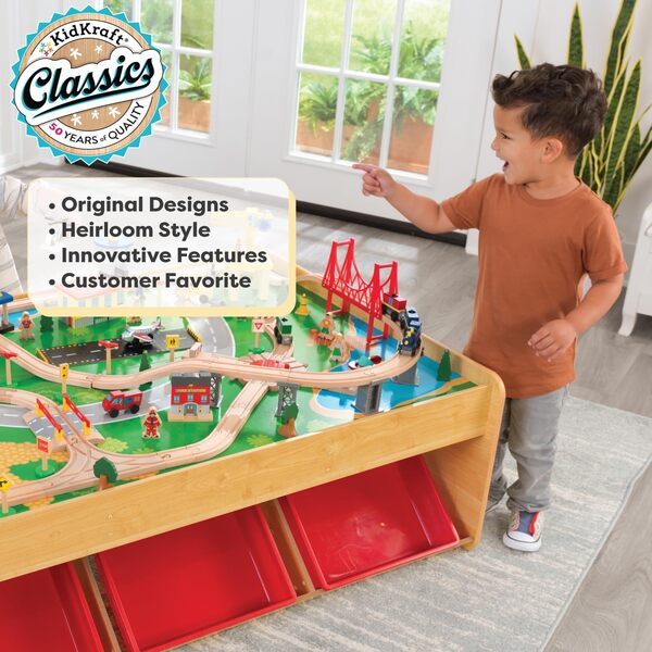 KidKraft Ensemble Table Circuit de Train en Bois Waterfall Mountain pour Enfant avec Boîte de Rangement, Accessoires incluent Grue, Avion et Voitures, Jouet Enfant dès 3 Ans, 17850