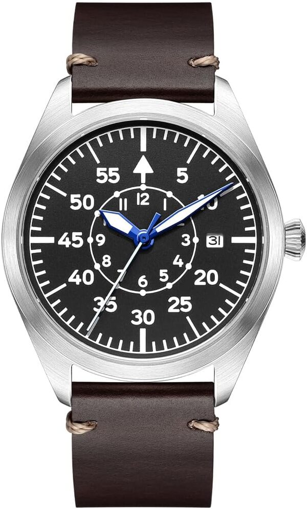 Montre de pilote pour homme - Mouvement automatique japonais - Boîtier en acier inoxydable - Montre flieger avec éclairage étanche