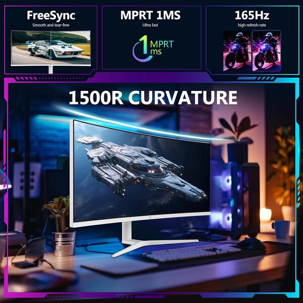 Z-Edge Ecran PC Gamer Incurvé Blanc 34'', 3440x1440, Dalle IPS, 165Hz (DP1.4), 96% DCI-P3, FreeSync, G-Sync, 120% sRGB, Moniteur Ultrawide 21:9, Hauteur/Inclinaison Réglable, Rotatif, 100Hz(HDMI2.0)