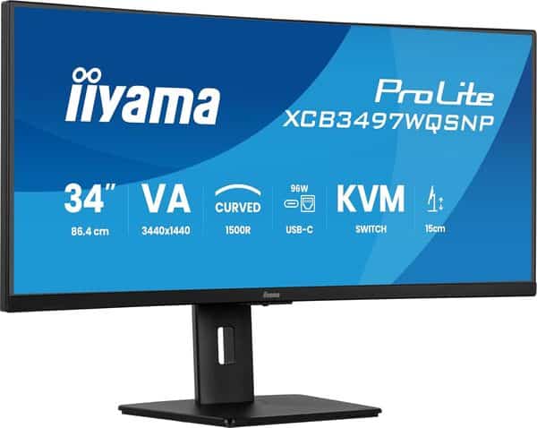 iiyama Prolite XCB3497WQSNP-B1, VA incurvé, UWQHD@120Hz, 0.4ms, 350cd, FreeSync, HP, DP/HDMI/USB-C, USB HUB, 1xUSB-C Dock (95W), réglable en Hauteur, i-Style Colour, TCO, Garantie 5 Ans