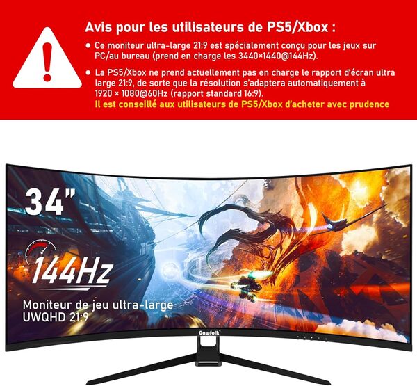 Gawfolk Écran PC Ultra Large 34 Pouces 1500R incurvé 144Hz Gaming Computer Moniteur,21:9 UWQHD(3440x1440),Adaptive Sync，HDR，178 ° Angle Vue，DisplayPort、HDMI，VESA 75 * 75MM-Noir