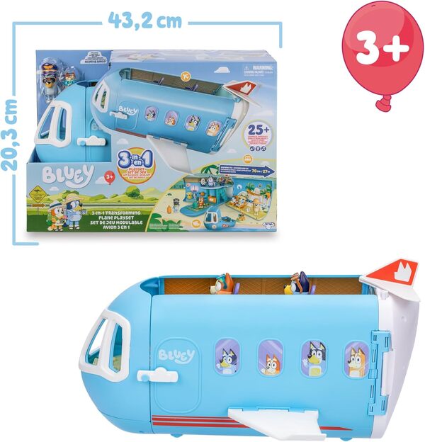 BLUEY - Avion 3 en 1, Pilote et Bingo partent en Vacances et l'avion Devient Un hôtel, Un Bateau et Une Plage, 10 Accessoires Inclus, Jouet avec Sons, célébrité (BLY75000)