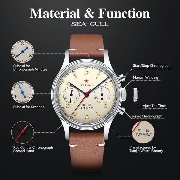 Seagull 1963 International Edition,Mouvement ST1901,Montres-Bracelets mécaniques pour Hommes,Montre Pilote chronographe Aviation,37.4mm,Remontage Manuel