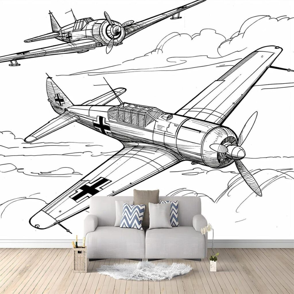 Test du papier peint mural avion croquis 3D : panoramique et enfantin