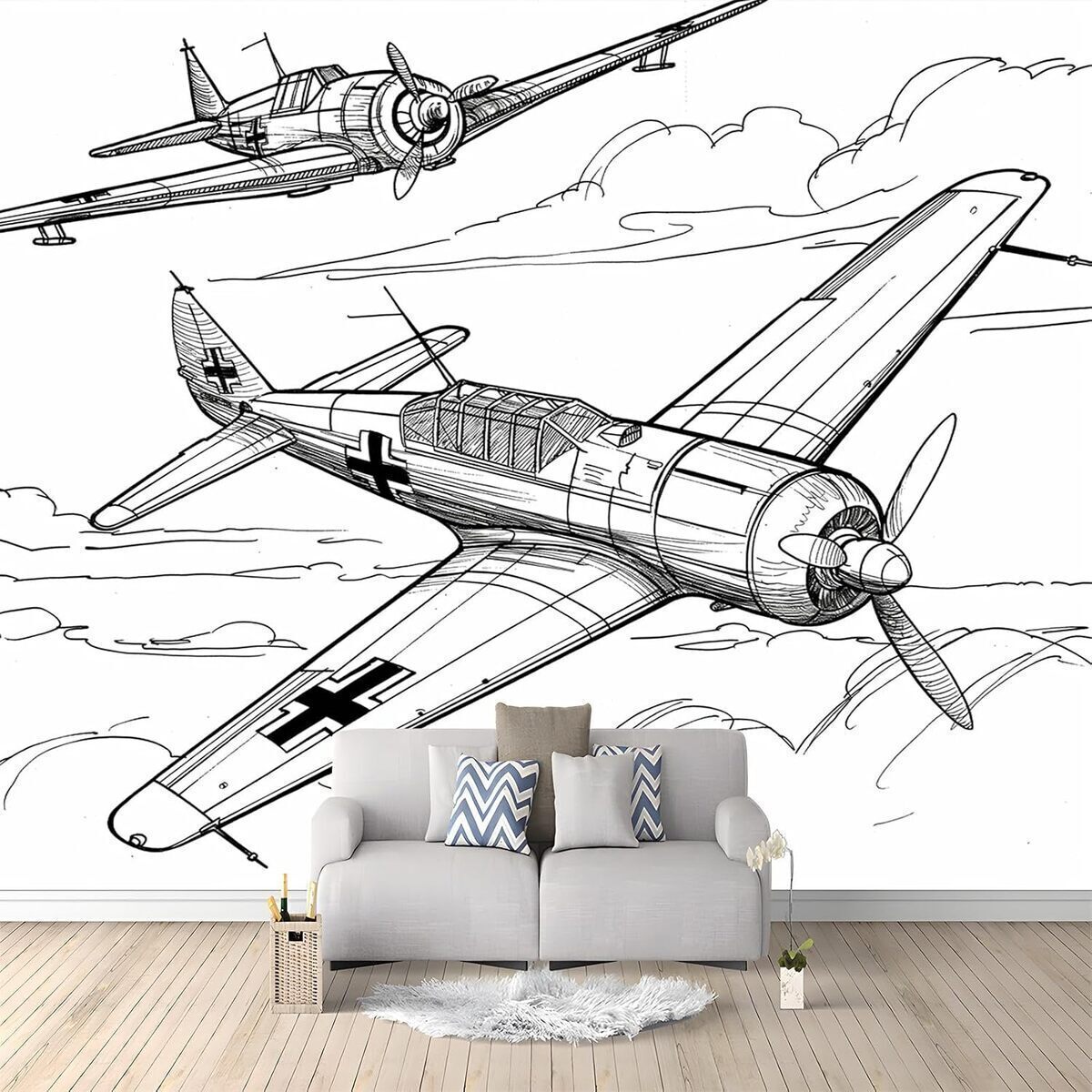 Test du papier peint mural avion croquis 3D : panoramique et enfantin