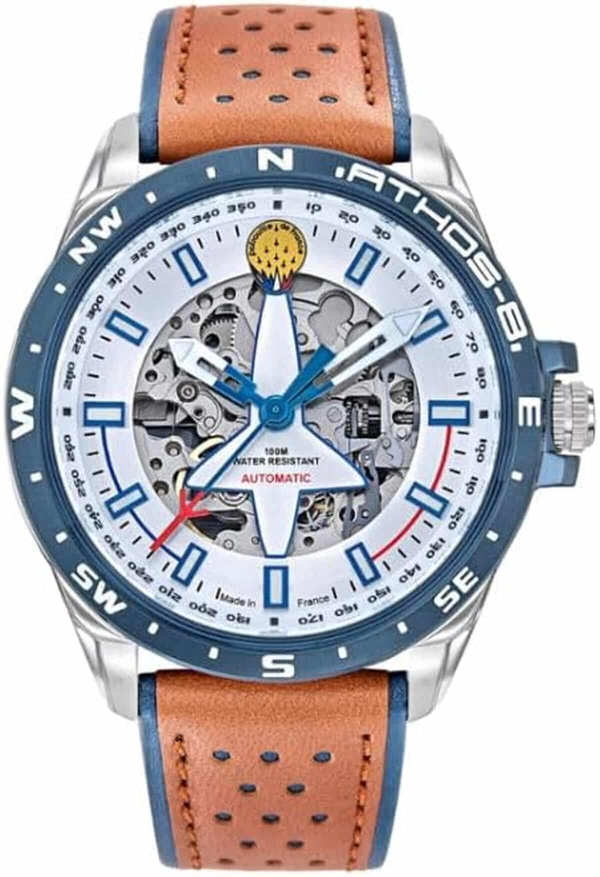 Test montre aviateur Athos 8 automatique - cuir marron et bleu